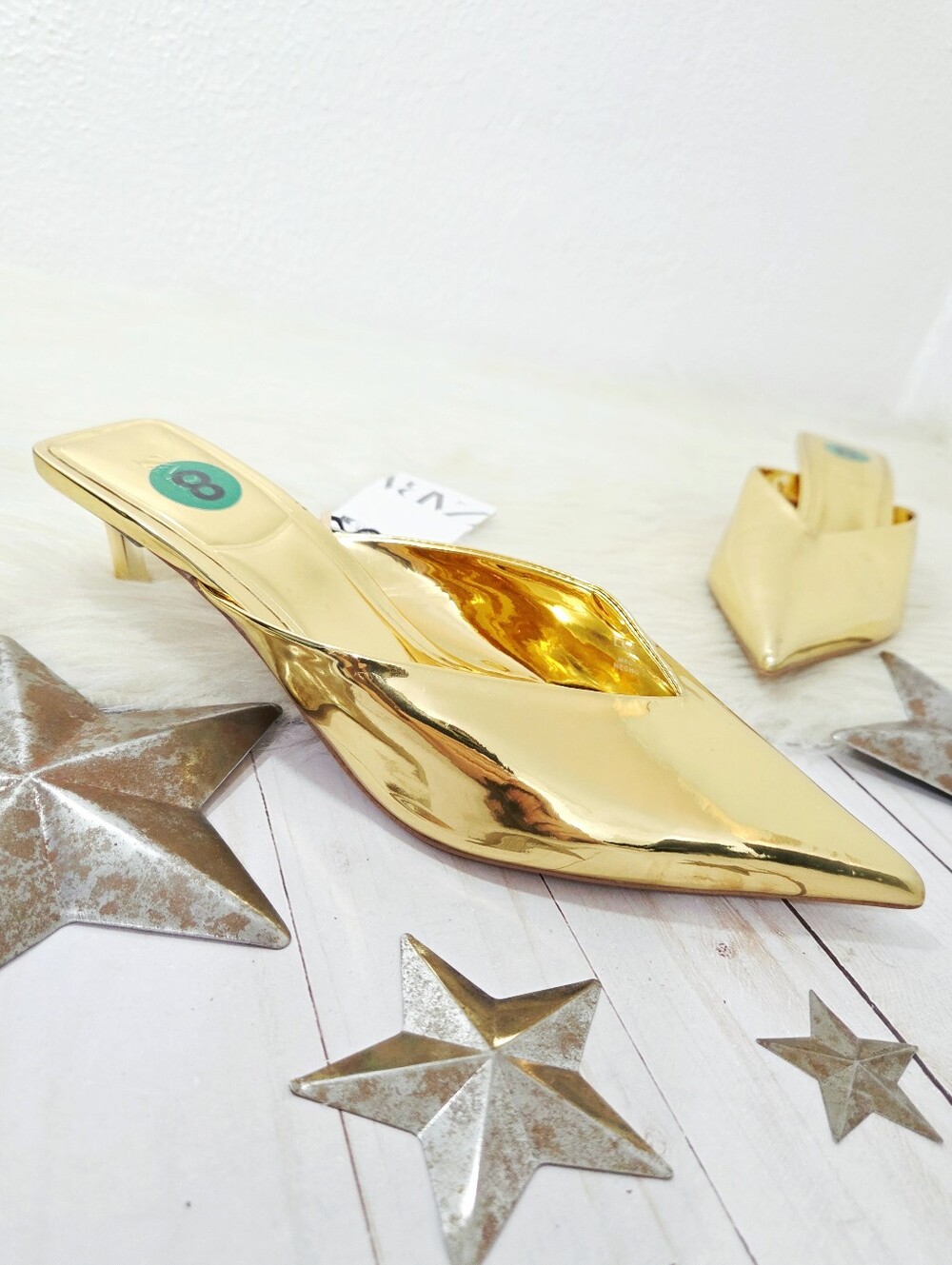 Zara metallic gold kitten heels mirror finish pointed toe mules women's 6 NWT